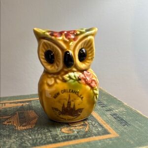 Vintage Yellow Owl Figurine Toothpick Holder with Floral Accents